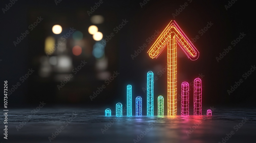 Poster Vibrant Glowing Beams in the Shape of an Upward Pointing Arrow Creating a Powerful Sense of Speed and Energy on a Sleek Black Background