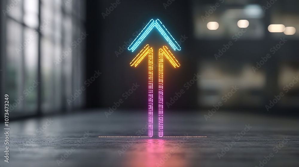 Poster Dynamic and Energetic of Glowing Upward Pointing Arrow Beams in Vibrant Colors on a Dark Background Conveying a Sense of Speed Progress and Futuristic Technology