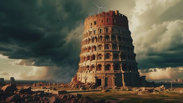 Tower of Babel ancient building, 4K seamless looping virtual video animation background