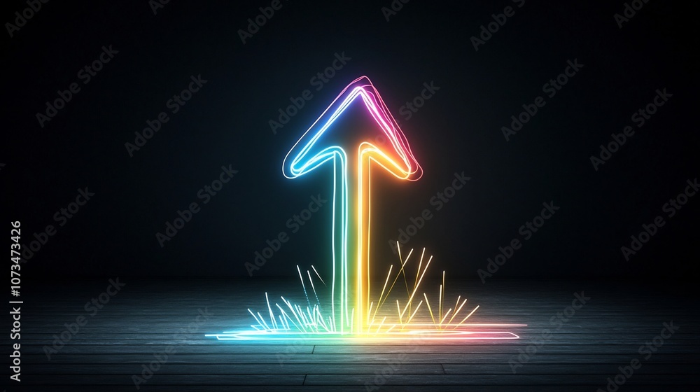 Aufkleber Bright upward pointing arrow shape formed by dynamic and luminous colorful beams of light against a dark black background suggesting rapid movement and energy