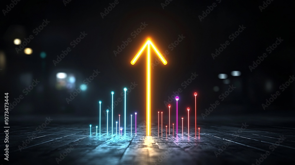 Poster vibrant and dynamic upward pointing arrow shape formed by colorful glowing beams on a dark black bac