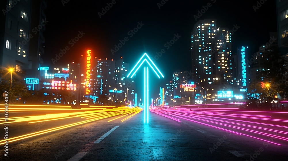 Poster Dynamic and vibrant upward pointing arrow created by colorful glowing beams against a dark background suggesting rapid movement energy and a sense of progress or growth