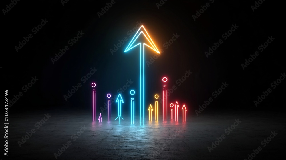 Poster glowing neon colored beams forming an upward pointing arrow radiating energy and speed on a pitch bl