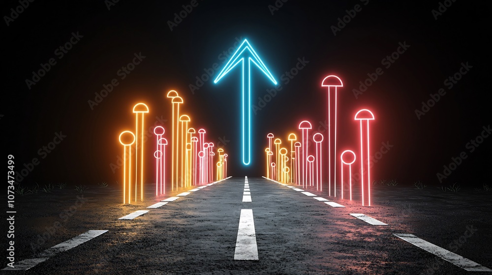 Aufkleber neon colored beams forming an upward pointing arrow glowing with energy and speed on a pitch black b