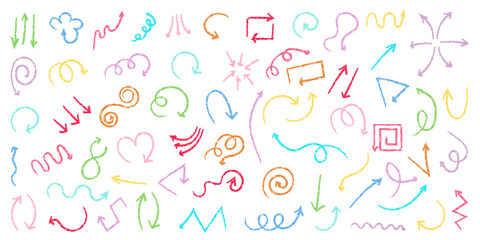 Chalk scribble arrows set. Collection of handdrawn crayon line elements.