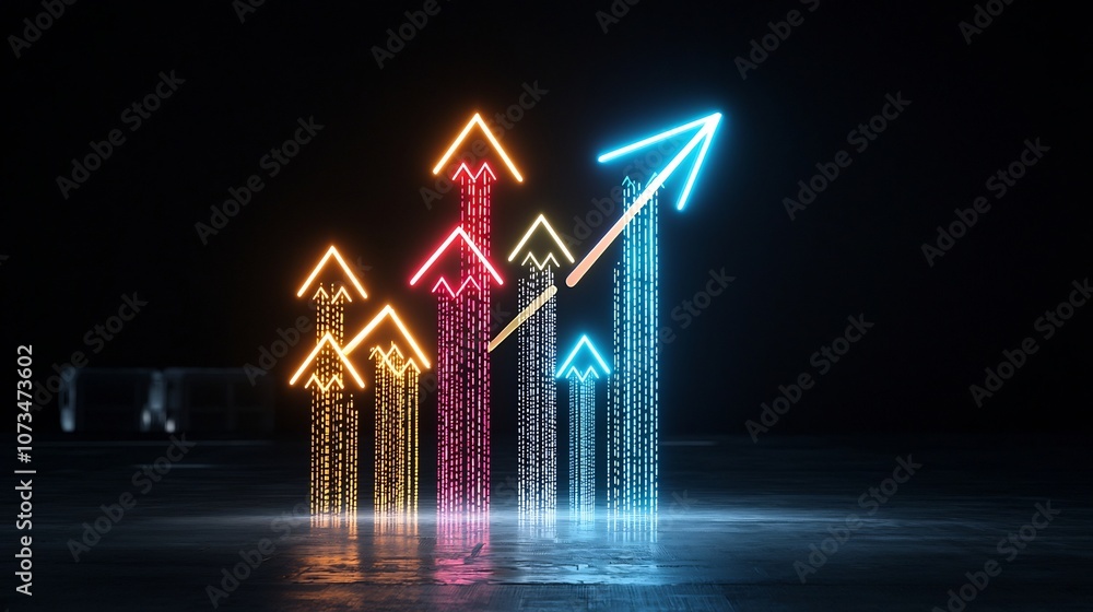 Leinwandbilder A dynamic upward bound arrow composed of bright vibrant beams radiates speed and energy against a deep black background symbolizing growth progress and ambitious potential