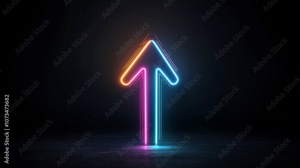 Fototapete A sleek arrow pointing up created by glowing beams in multiple vibrant colors giving a fast and energetic visual impression on a dark background  Futuristic digital with a dynamic