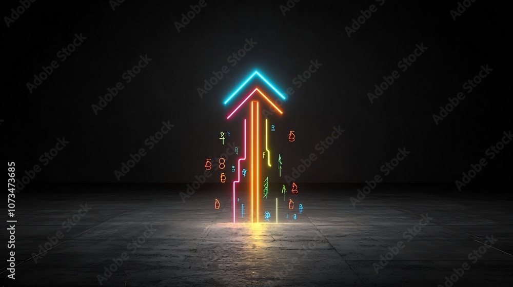 Poster a sleek glowing arrow made of multicolored beams pointing upwards on a black background giving a fas