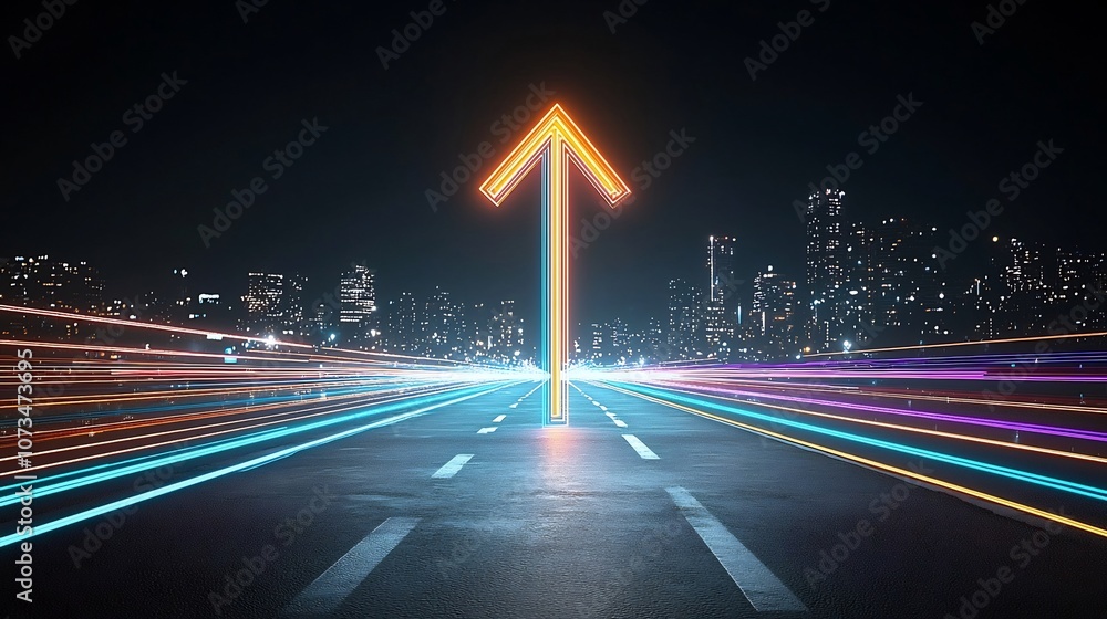 Poster Sleek and dynamic arrow shaped design created with glowing beams in multiple vibrant colors giving an energetic and futuristic impression on a dark black background