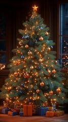 Close up shot of christmas tree, warm lighting, orange and blue ornaments on tree
