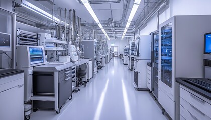 A hightech laboratory with a pristine, clean environment, featuring a variety of lab equipment and advanced technology for scientific experiments, Generative AI