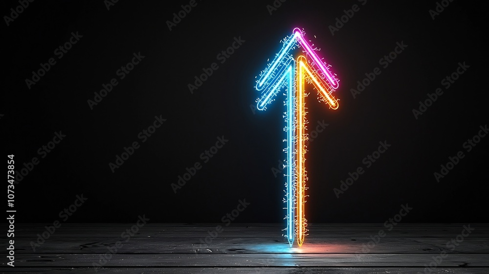 Poster Luminous arrow made of vibrant colorful beams streaking upwards against a dark background creating a dynamic futuristic and abstract design