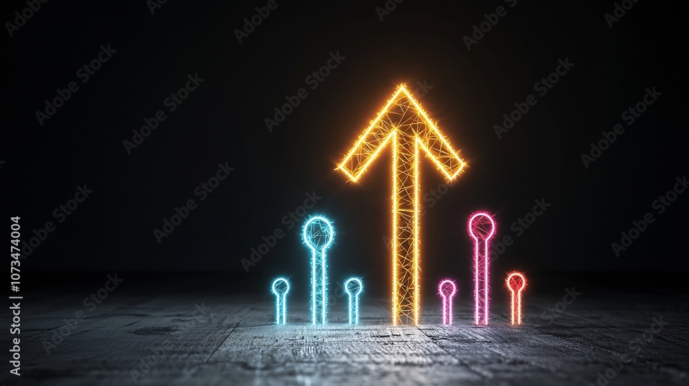 Poster vibrant glowing beams in bright colors forming an upward pointing arrow shape creating a sense of ra