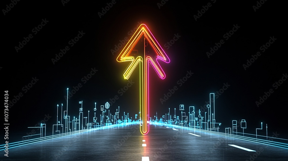 Poster Glowing multicolored arrow shaped beams pointing upward conveying a dynamic sense of rapid movement and energy on a solid black background  The abstract digital suggests the concept of growth