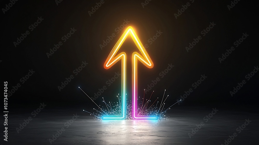 Poster Powerful and dynamic image of a glowing multi colored arrow pointing upwards conveying a sense of rapid movement energy and progression towards a brighter future