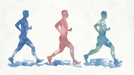 Obraz premium A watercolor illustration depicting three figures in motion, showcasing different stages of a running action in vibrant colors.