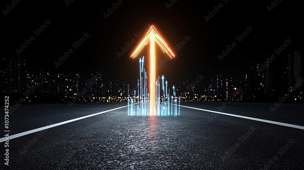 Poster Sleek vibrant beams of light creating a sharp upward pointing arrow that radiates a sense of speed energy and forward momentum on a deep contrasting black background