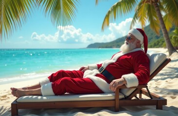 Fototapeta premium Santa Claus lying on a sun lounger and relaxing on a tropical beach enjoying the sunshine with the ocean and palm trees in the background. Happy New Year. Merry Christmas