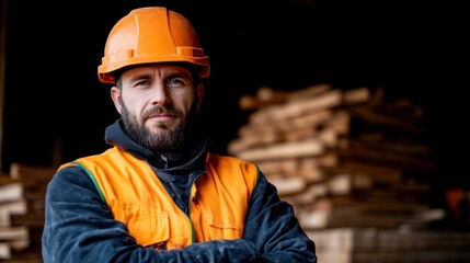A construction worker, wearing an orange helmet and safety vest, stands with arms crossed in front of lumber stacks at a workshop, showcasing a confident demeanor and commitment to safety