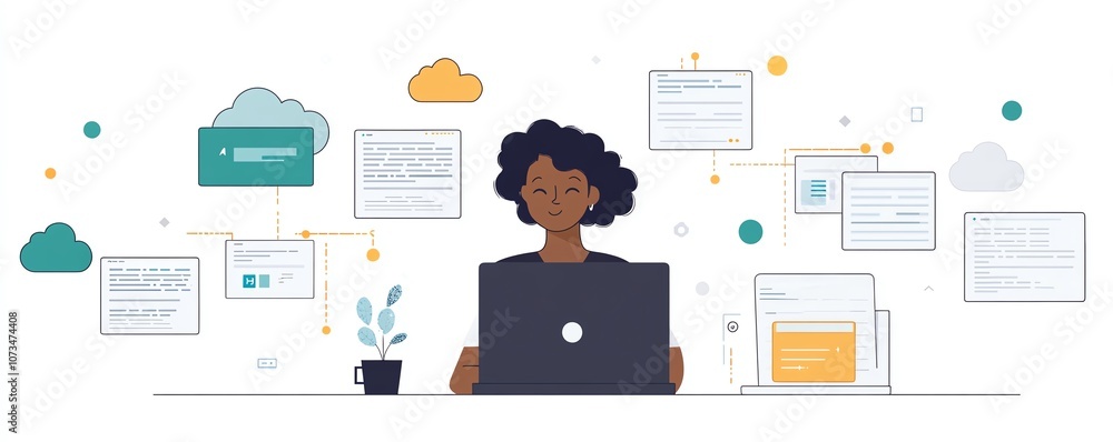 Poster a person on a laptop, with cloud storage icons and file pages in the background, illustrating cloudb