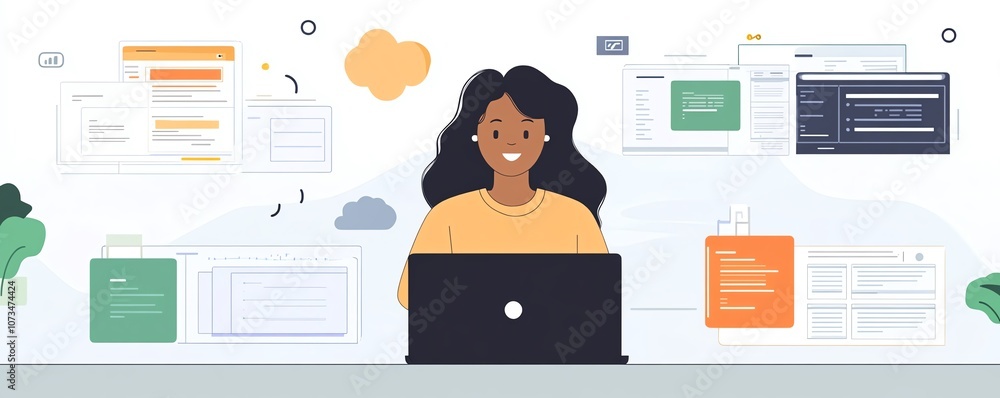 Poster a person on a laptop, with cloud storage icons and file pages in the background, illustrating cloudb