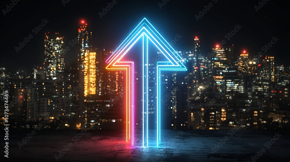 Aufkleber A fast moving arrow created by glowing neon beams in vibrant colors dynamically pointing upward on a dark black background conveying a sense of energy power and technological innovation