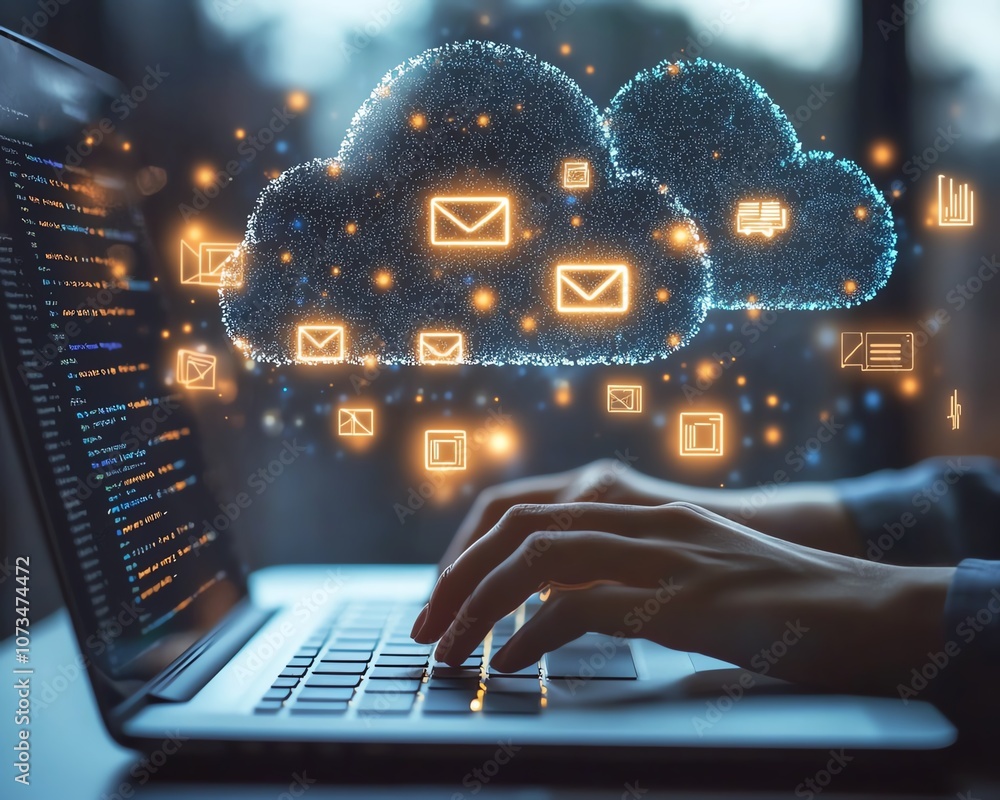Poster a person typing on a laptop with cloud storage icons and floating file pages, depicting data exchang