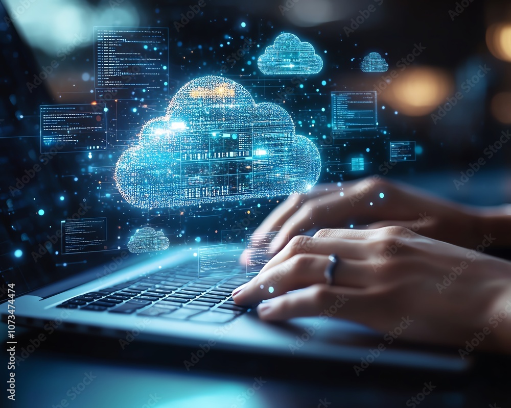 Poster a person typing on a laptop with cloud storage icons and floating file pages, depicting data exchang