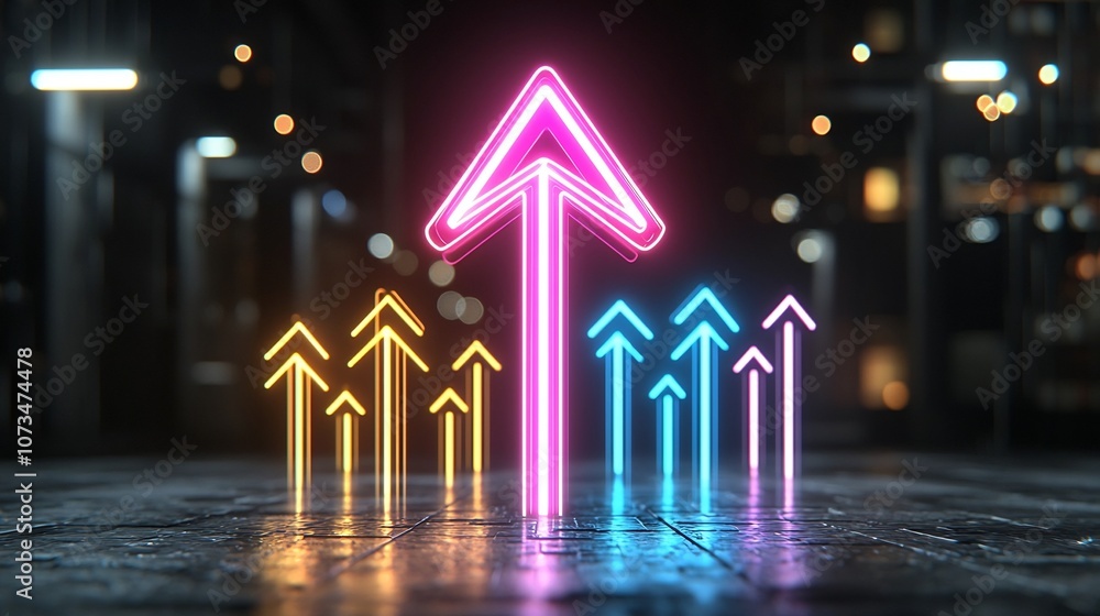 Poster vibrant glowing neon arrow beams in dynamic motion pointing upward on a sleek black background futur