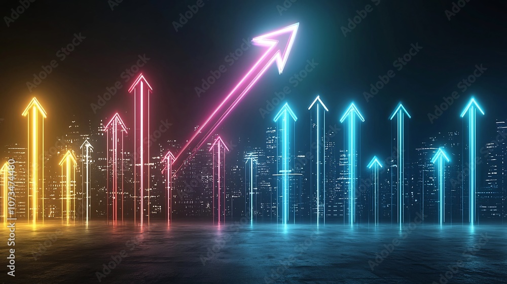 Poster vibrant neon arrow created by glowing beams moving rapidly and pointing upward on a dark black backg