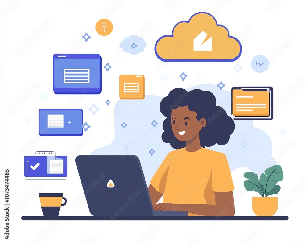 Poster a person typing on a laptop with cloud storage icons and floating file pages, depicting data exchang