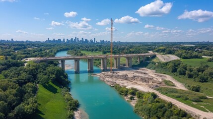 Fototapeta premium A construction site features a large bridge being built over a river, surrounded by lush greenery and a distant city skyline under a vibrant blue sky with scattered clouds