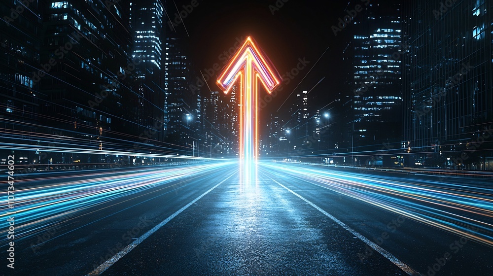 Poster Vibrant beams of colorful light creating an upward arrow shape glowing and flowing with a sense of swift motion and dynamic energy against a dark minimalist background