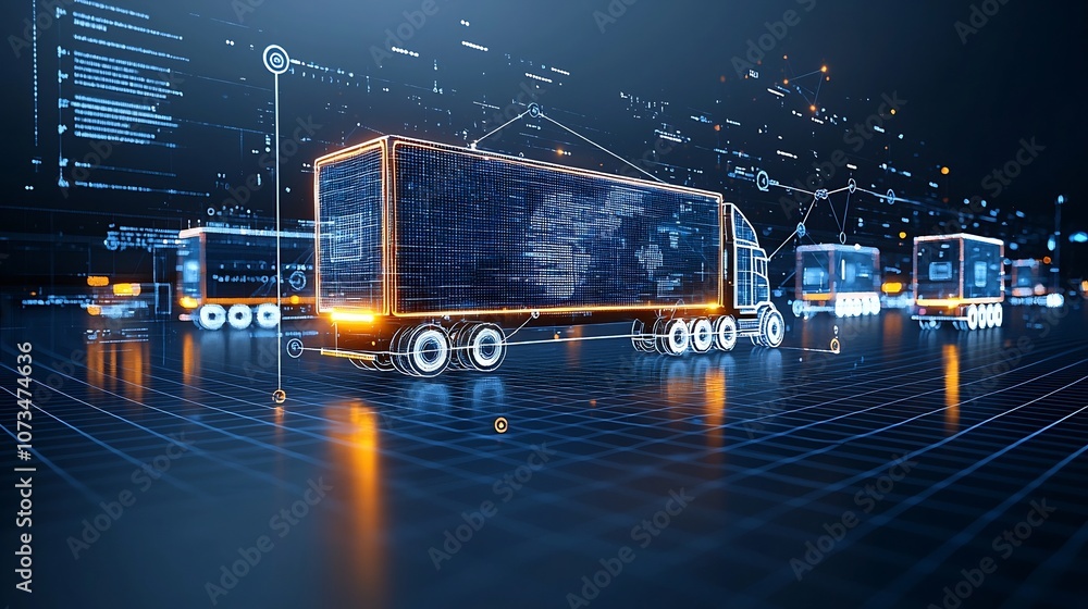 Poster Illuminated semi trailer trucks navigating a dark digitally interconnected network grid symbolize the global trade and logistics powered by generative technology