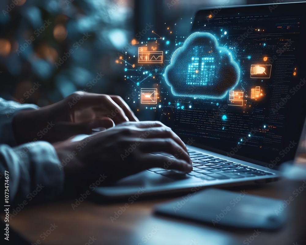 Poster a person working on a laptop, surrounded by cloud storage icons and file pages, representing the eas