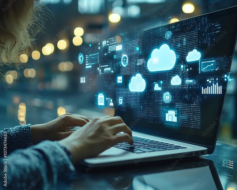 Poster a person working on a laptop, cloud storage icons and file pages appearing in the background, repres