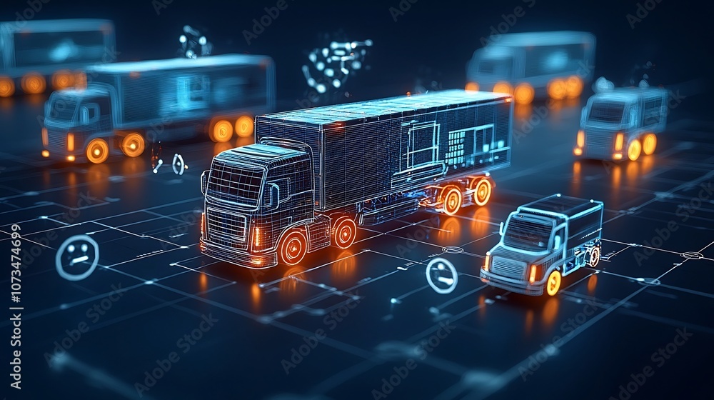 Poster a futuristic vision of semi trailer trucks made of glowing lines delivering goods across a global di