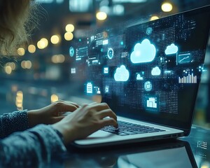 A person working on a laptop, cloud storage icons and file pages appearing in the background, representing seamless data transfer between devices, Generative AI