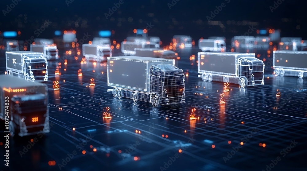 Fototapete Futuristic digital trucks illuminated by a glowing grid network showcase the transformative power of generative in revolutionizing international trade and logistics on a dark blue background