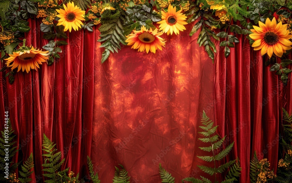 Poster Rust red studio backdrop with a matte finish, rust red velvet curtains with bright yellow sunflowers and trailing fern draped over the curtain hems. Copy space