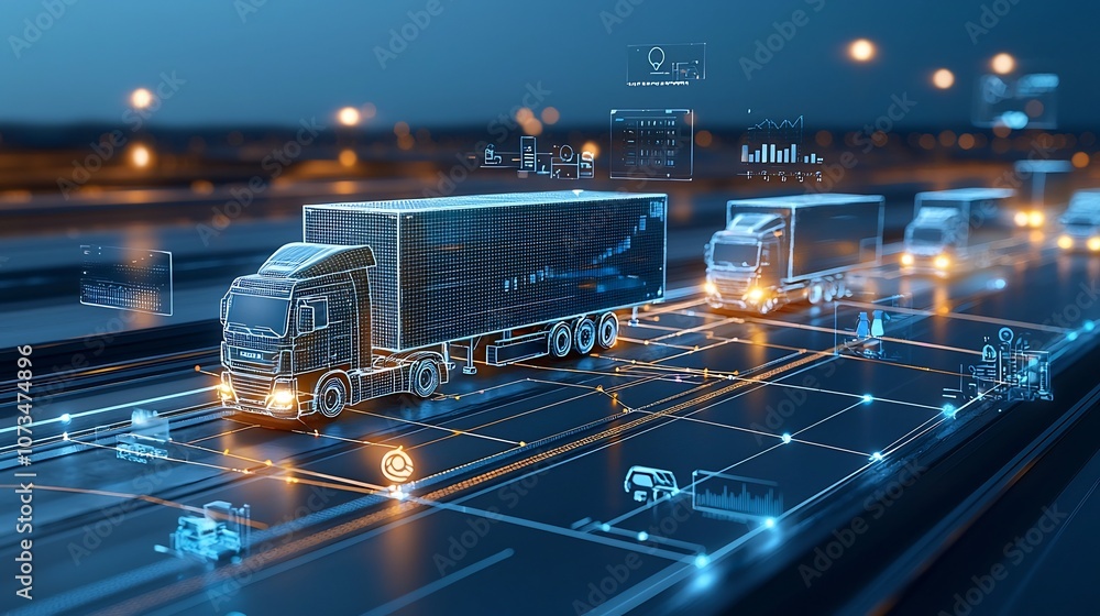 Poster illuminated digital trucks traveling across a glowing grid network at night showcasing the power of 