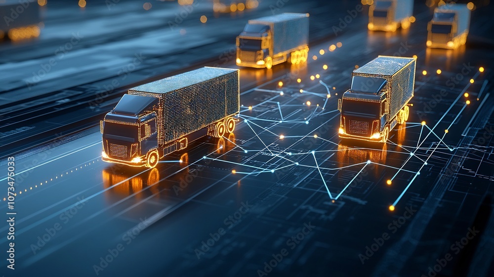 Aufkleber Generative AI inspired abstract scene of glowing trucks driving at night surrounded by digital connectivity lines representing global trade on a dark blue network