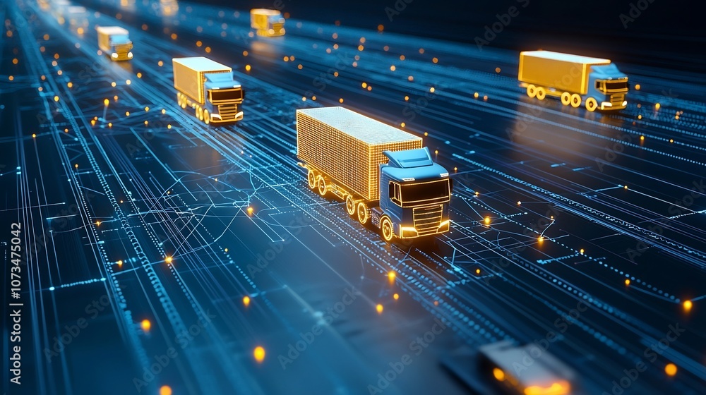 Poster Glowing autonomous trucks navigating a nighttime digital connectivity landscape representing the global flow of goods data and commerce in a modern automated logistics network