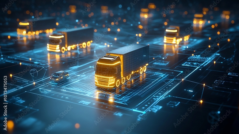 Aufkleber Glowing trucks traverse a dynamic digital network in a futuristic abstract scene representing the global trade and logistics of the future powered by advanced connectivity and generative technologies