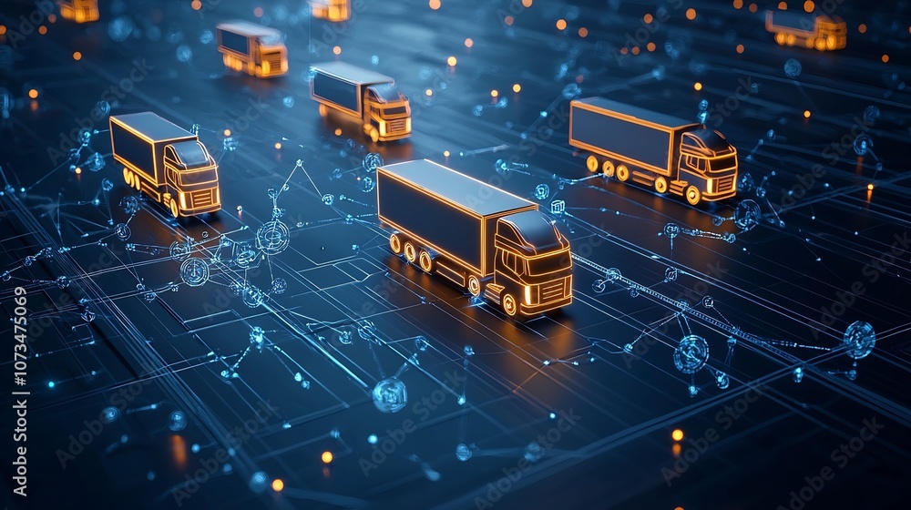 Poster Generative AI inspired abstract scene of glowing trucks driving at night surrounded by digital connectivity lines representing global trade on a dark blue network