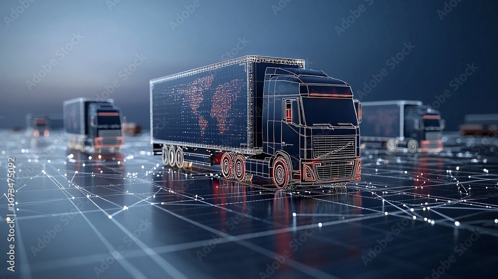 Aufkleber luminous semi trailer trucks composed of glowing lines traversing above a global logistics network g