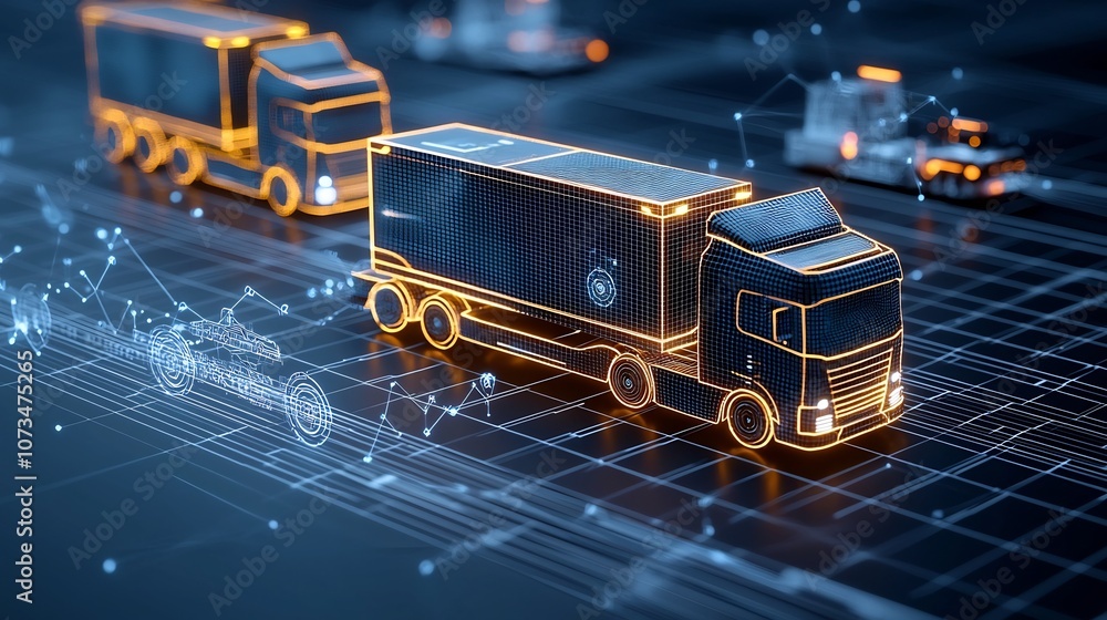 Aufkleber futuristic glowing trucks made from luminous points and lines traveling across a dark digital grid a