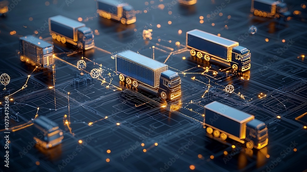 Poster Glowing Trucks on an Interconnected Grid A Digital Art Piece Symbolizing the Impact of Generative on International Logistics and Supply Chain Automation