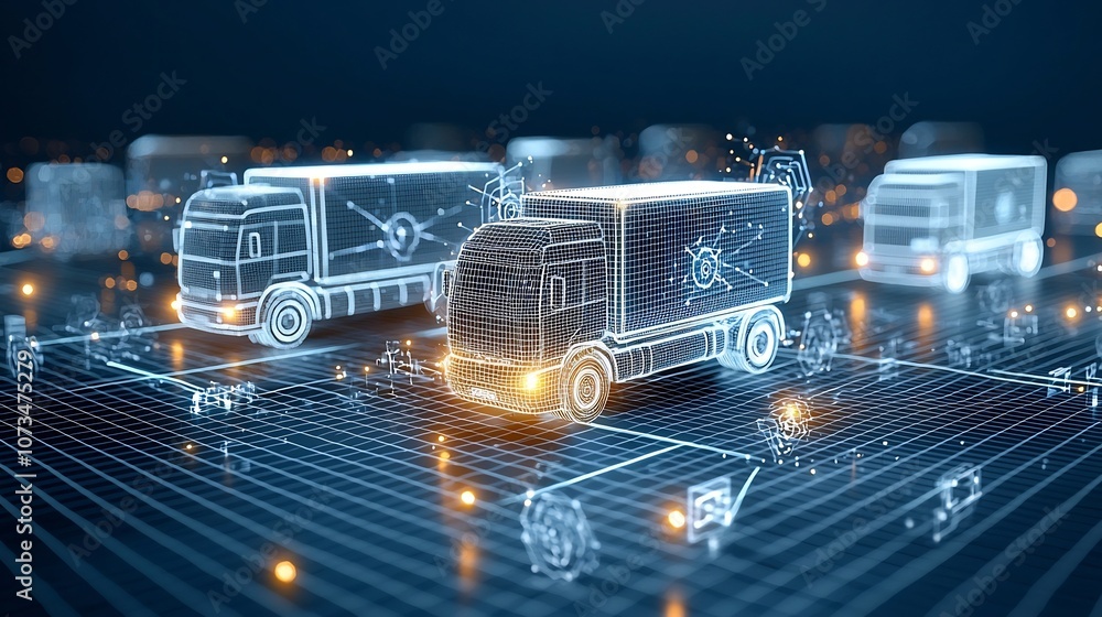 Poster Autonomous Futuristic Trucks Traversing a Luminous Digital Grid at Night Symbolizing the Advancements in International Trade and Logistics Powered by Generative Technology
