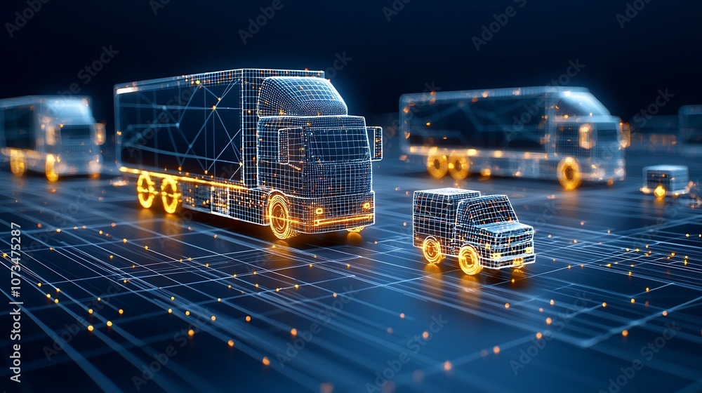 Poster glowing futuristic trucks made from points and lines travel across a dark digital grid at night repr